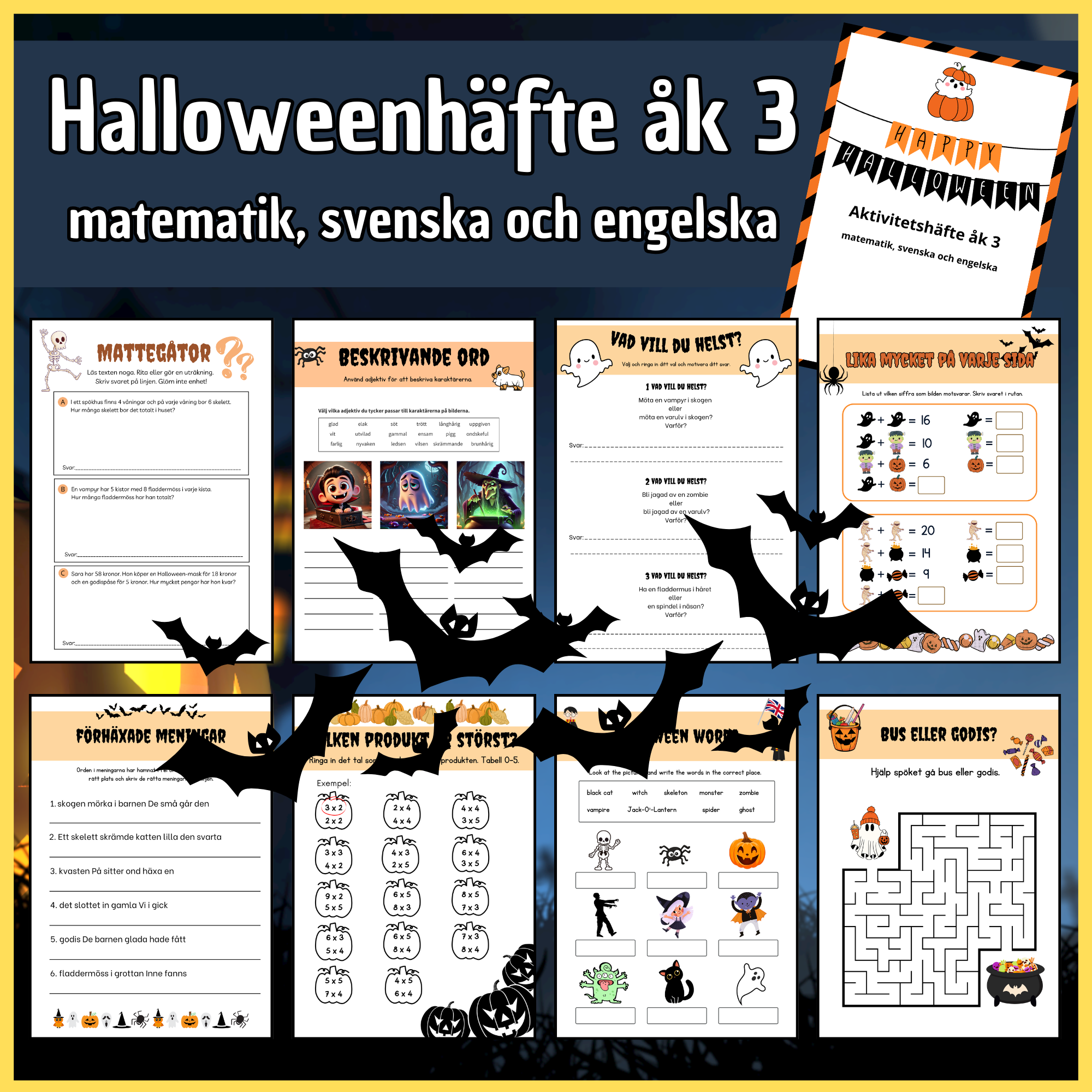 Halloween åk 3, matematik, svenska och engelska, 8 sidor