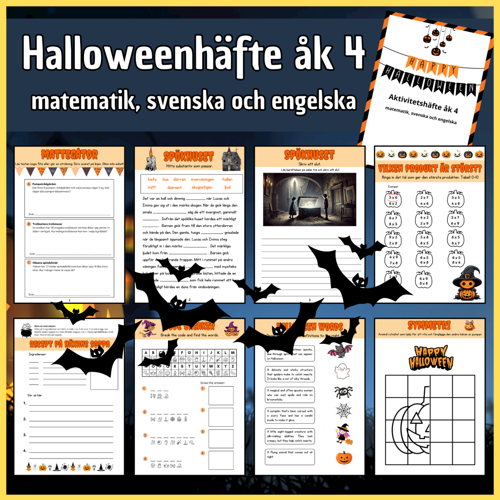 Halloween åk 4, matematik, svenska och engelska, 8 sidor