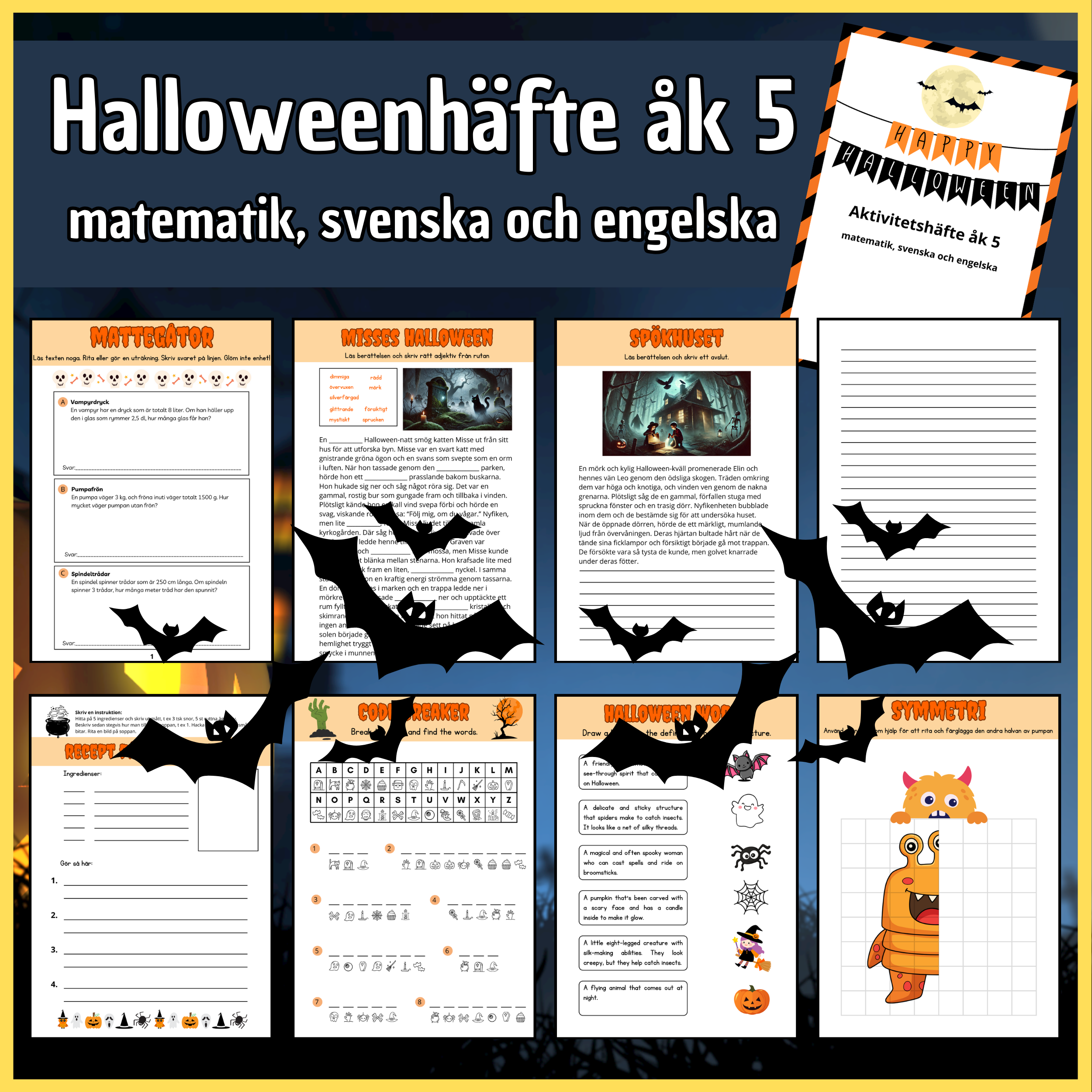 Halloween åk 5, matematik, svenska och engelska, 8 sidor