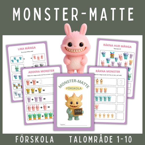 Halloween: Monster-matte för förskola, 4 arbetsblad, talområde 1-10