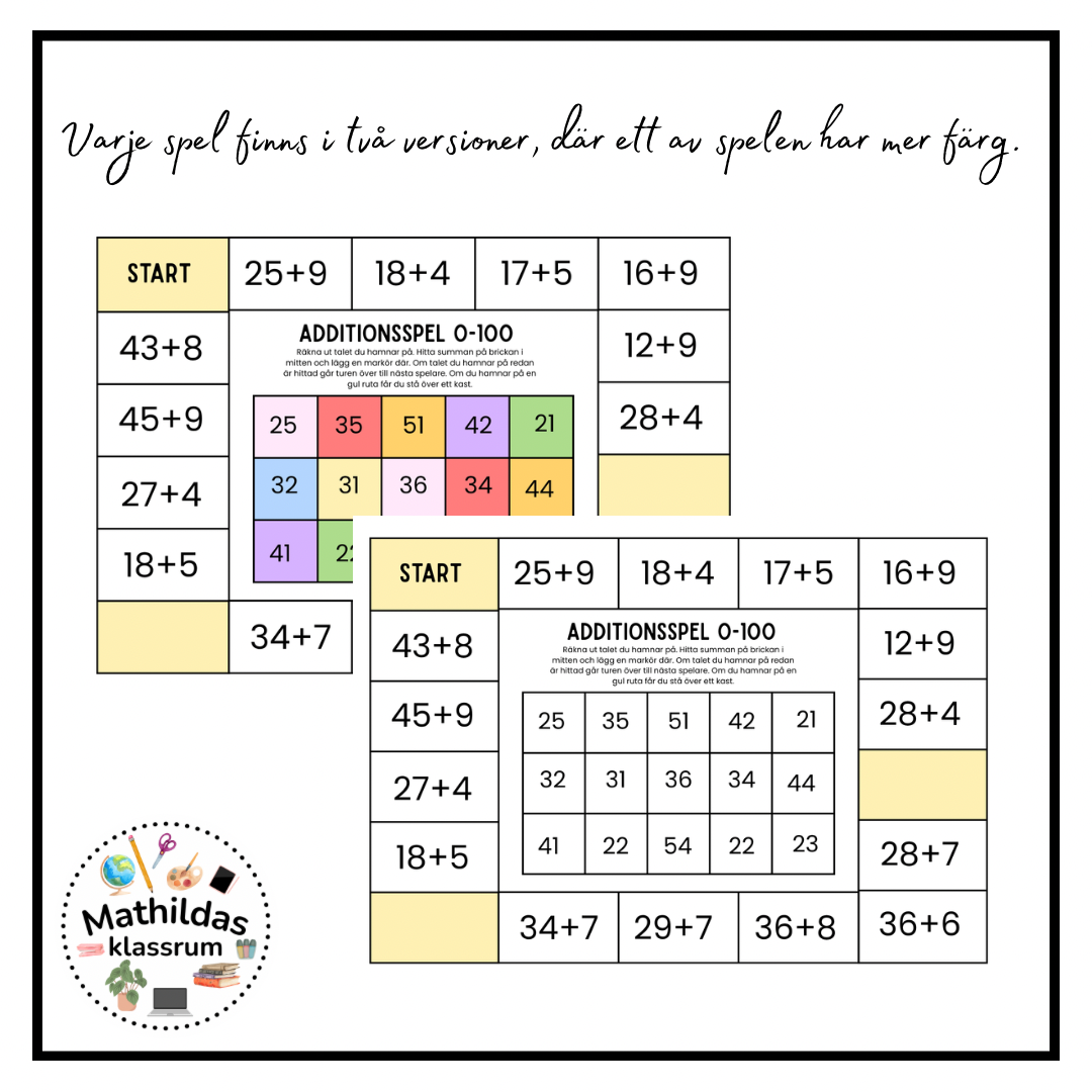 Mattespel- addition och subtraktion 0-100
