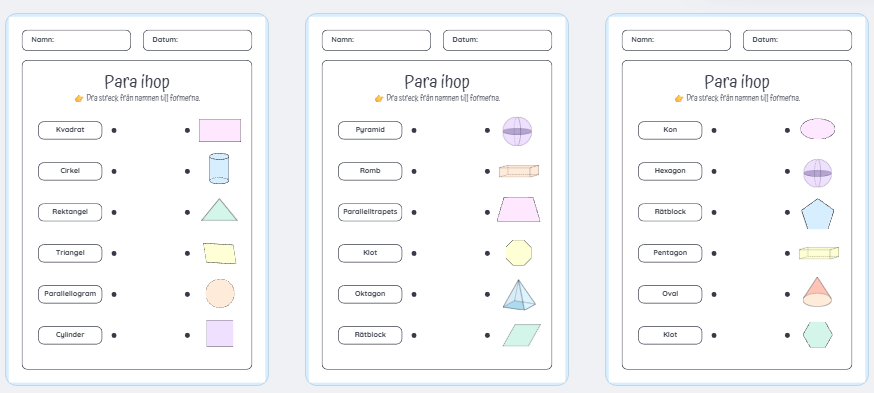 Geometri - para ihop namn med rätt geometrisk form (3 arbetsblad)