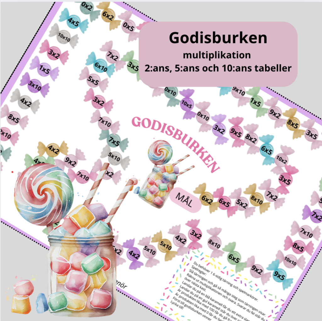 Godisburken rosa – multiplikationsspel 2, 5 och 10