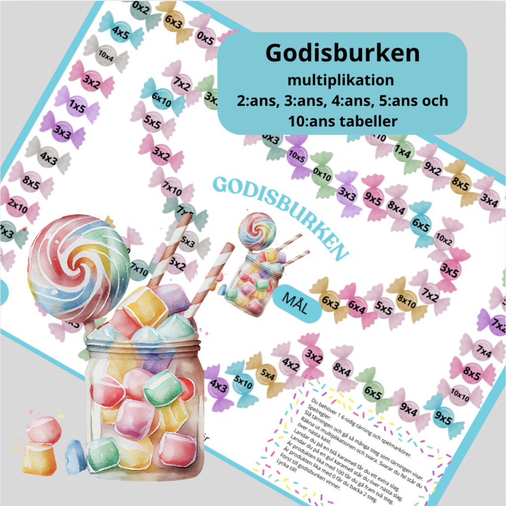 Godisburken blå – multiplikationsspel 2, 3,4, 5 och 10