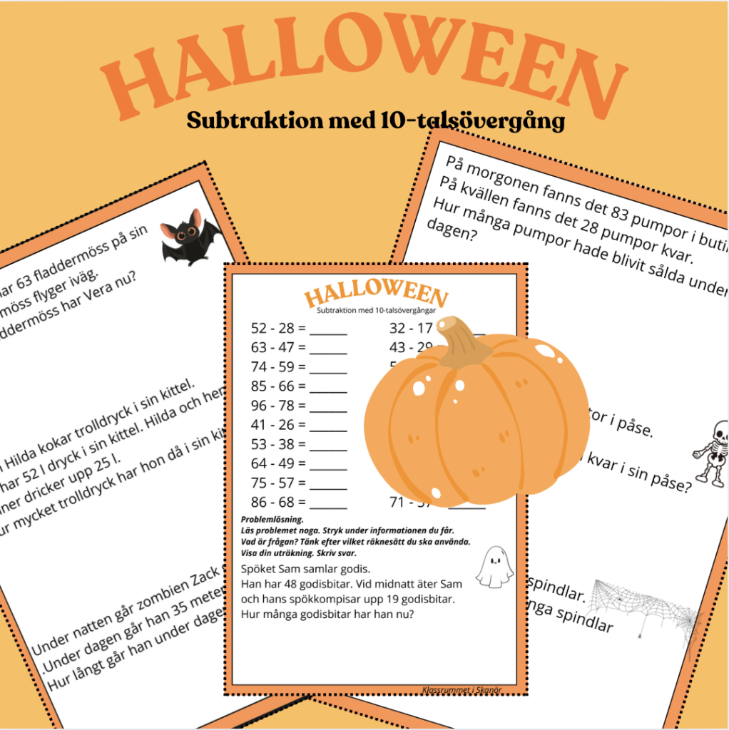 Halloween – Subtraktion med 10-talsövergång 0-100