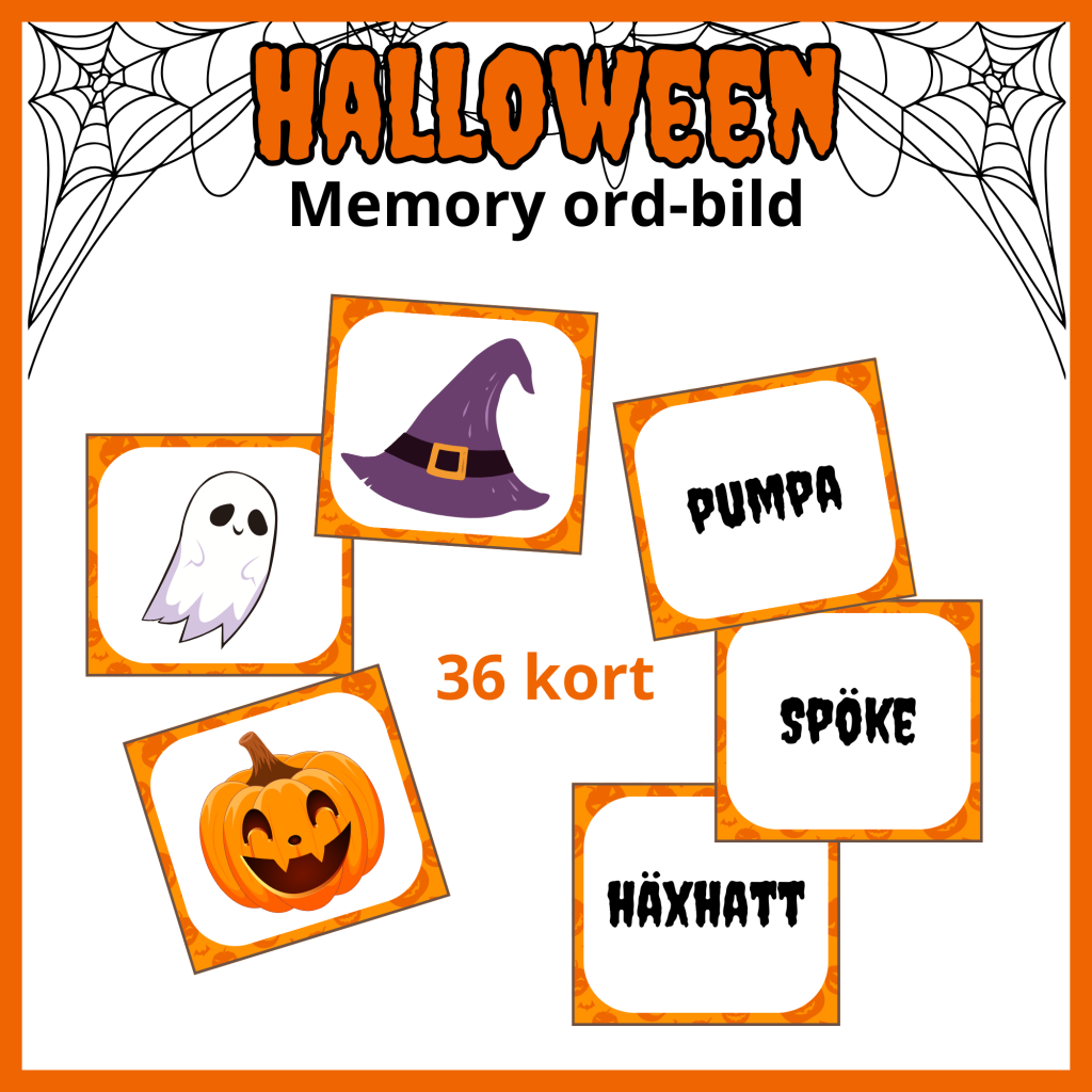 Memory med halloweentema, ord-bild