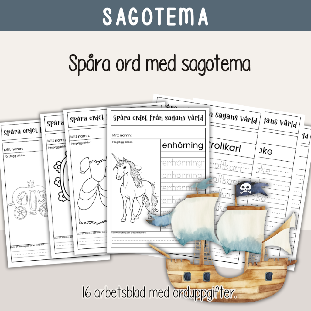 Barnboksveckan – Spåra sagoord – 16 arbetsblad med olika ord