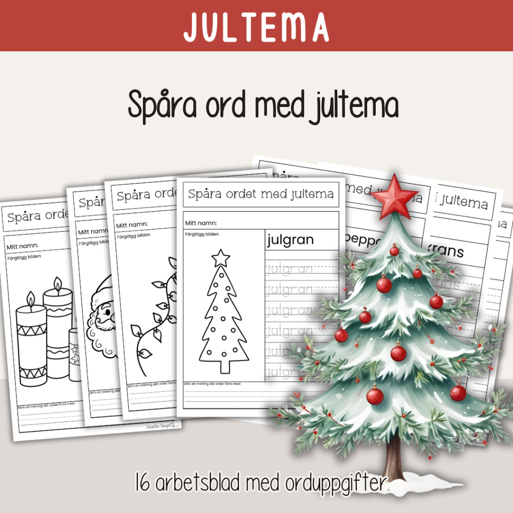 Jul – Spåra julord – 16 arbetsblad med olika ord
