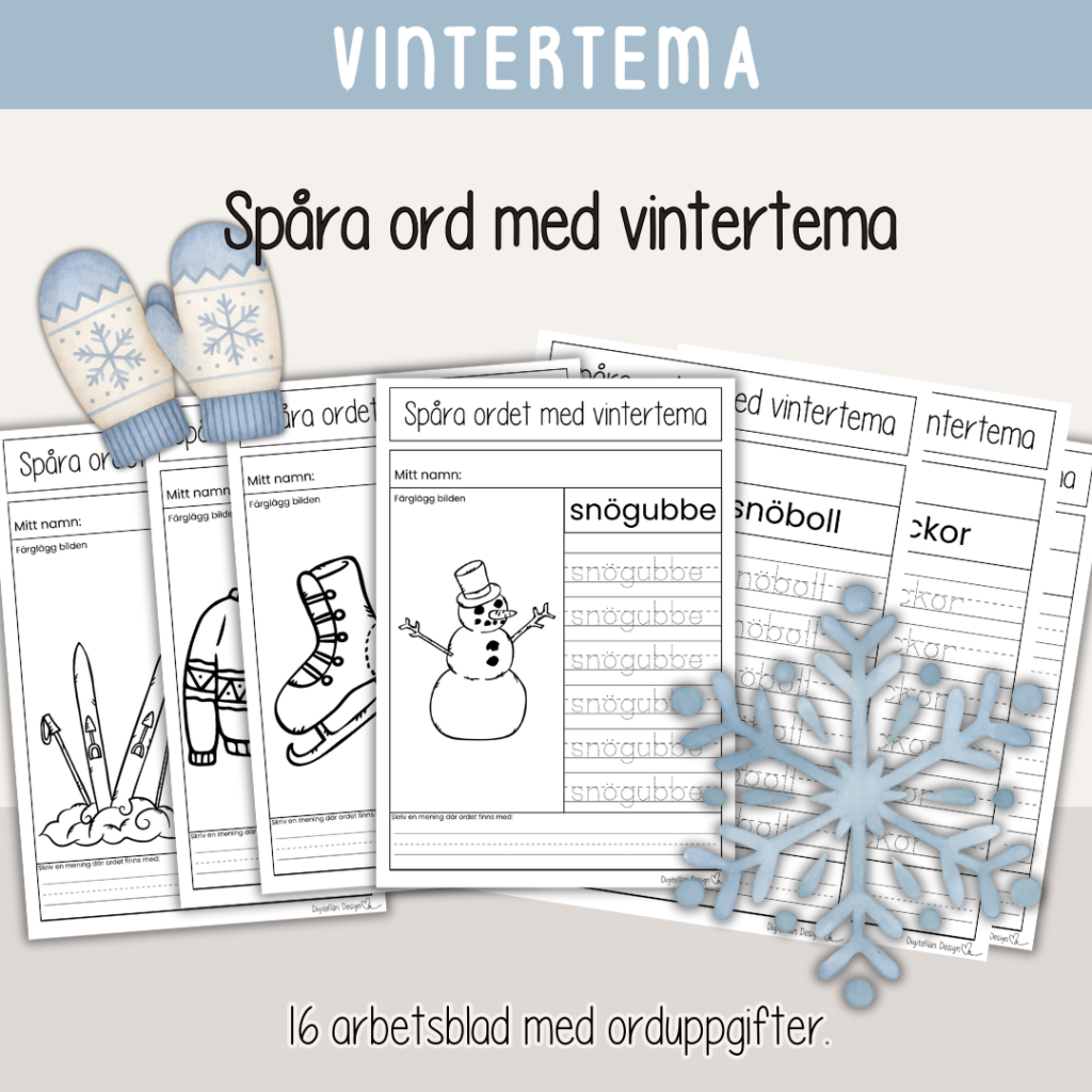 Vinter – Spåra vinterord – 16 arbetsblad med olika ord