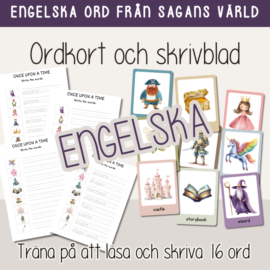 Barnboksveckan – glosor – Ord med sagotema på engelska – Flashcards och skrivblad