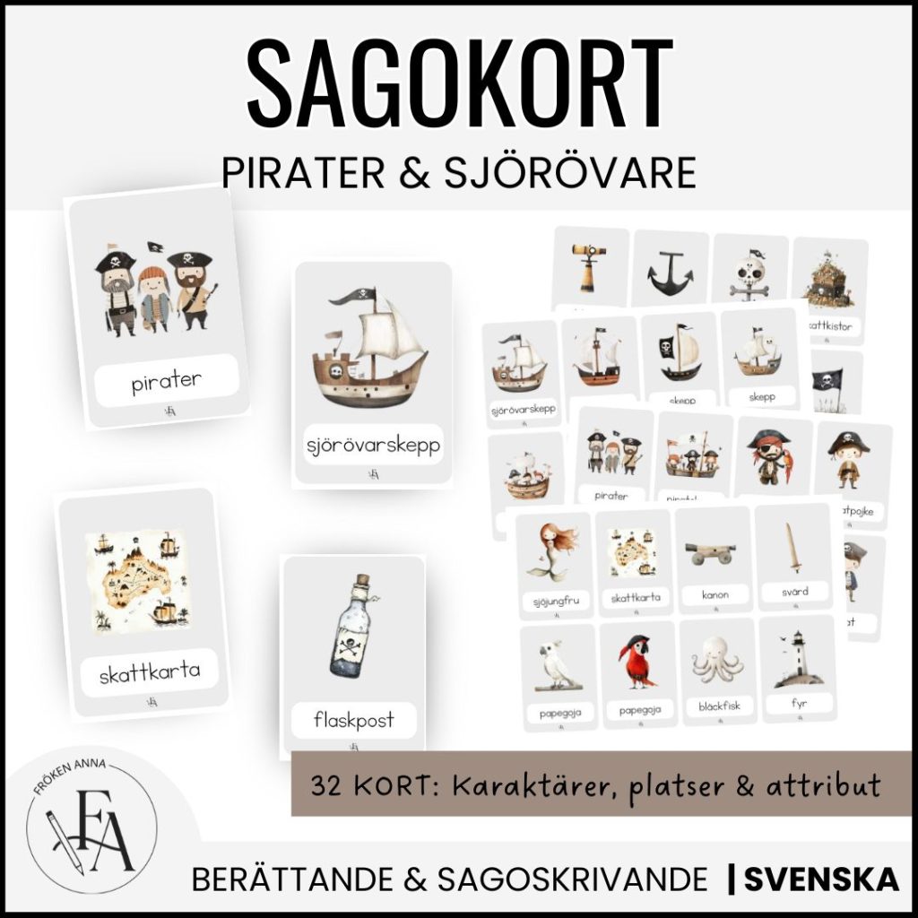 Sagorkort: I Pirater och sjörövare | 32 kort, berättelseplan & skrivblad