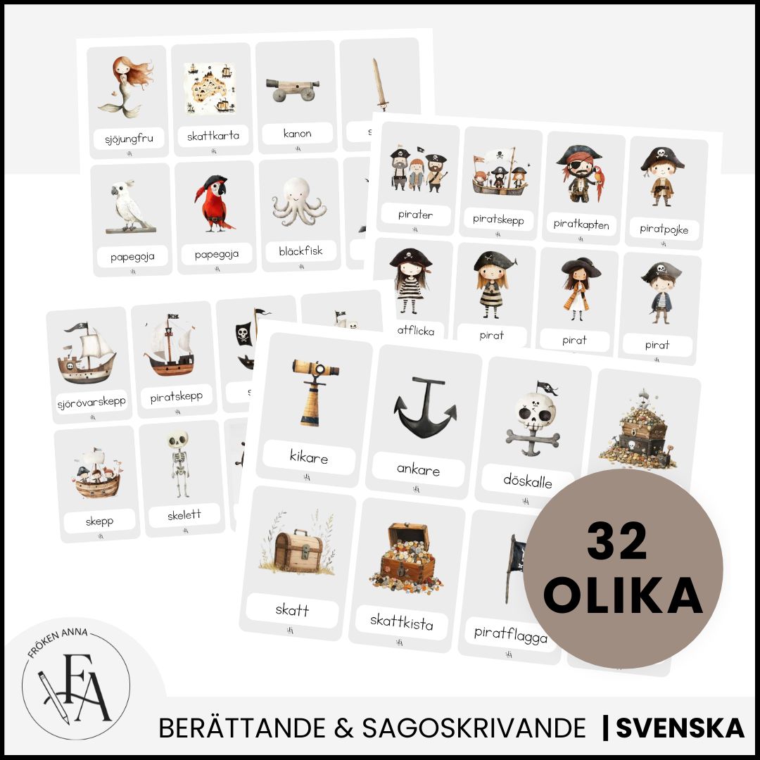 Sagorkort: I Pirater och sjörövare | 32 kort, berättelseplan & skrivblad