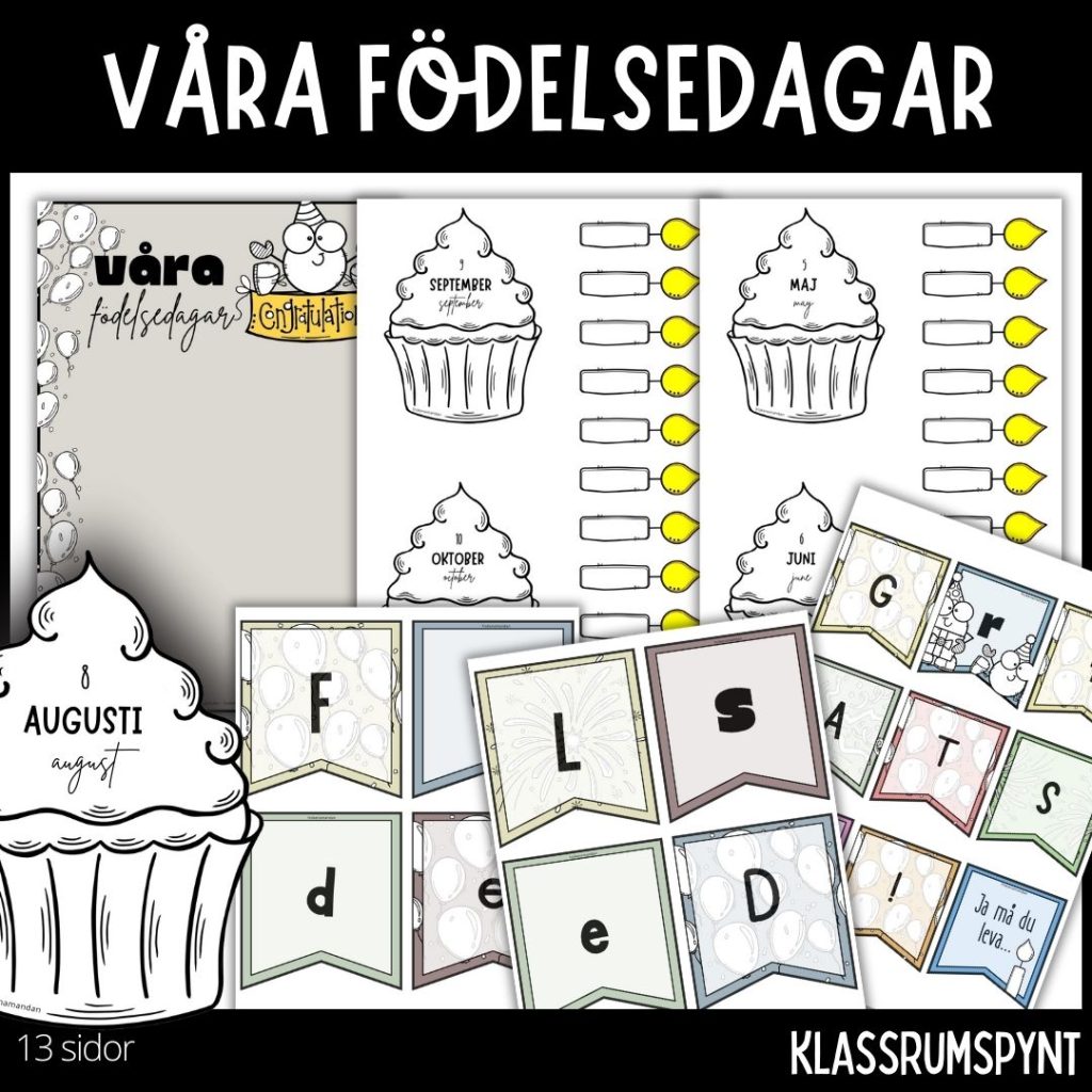 Födelsedagsmuffins med födelsedagsljus och två girlanger