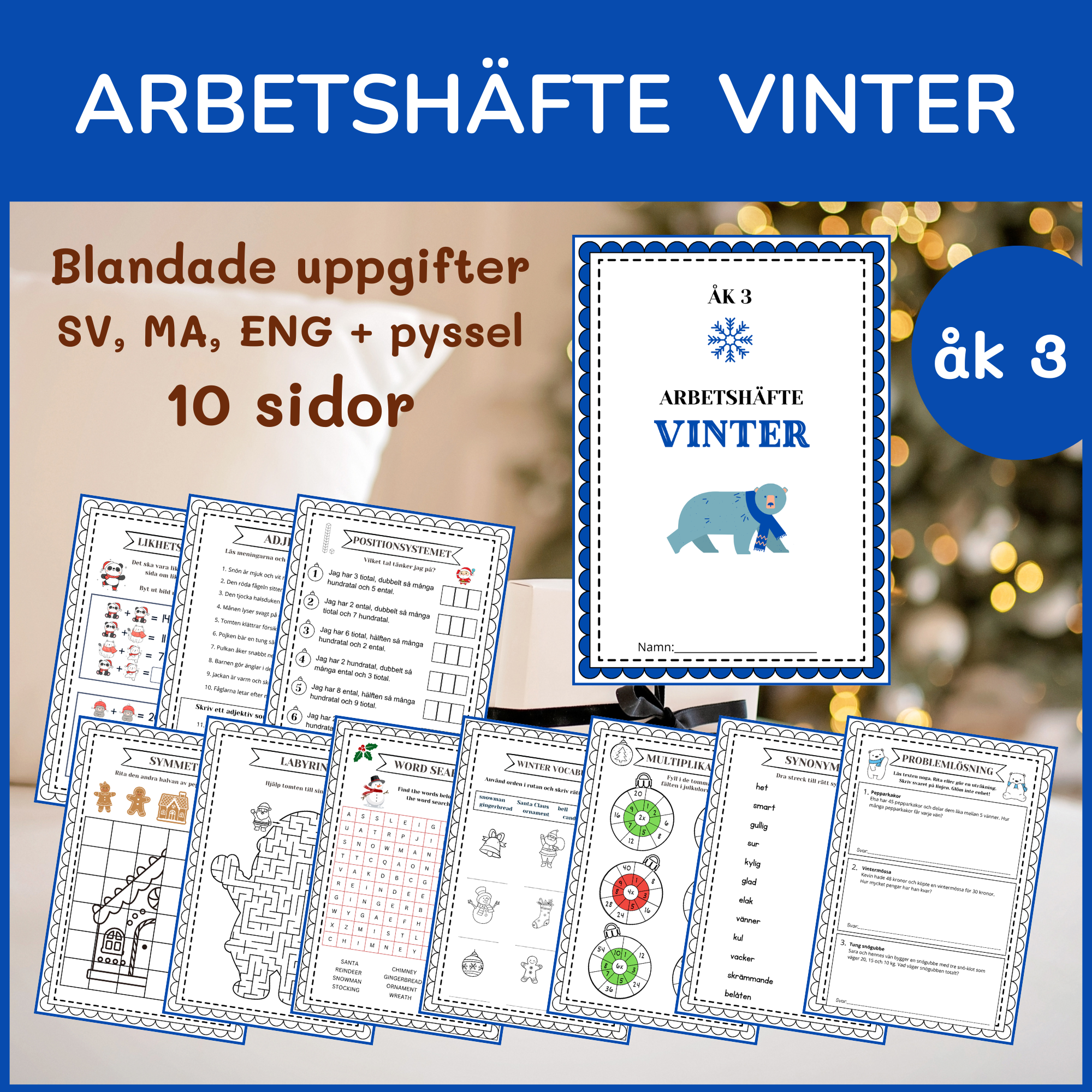 Vinterhäfte åk 3, 10 sidor blandade uppgifter med vinter- och jultema