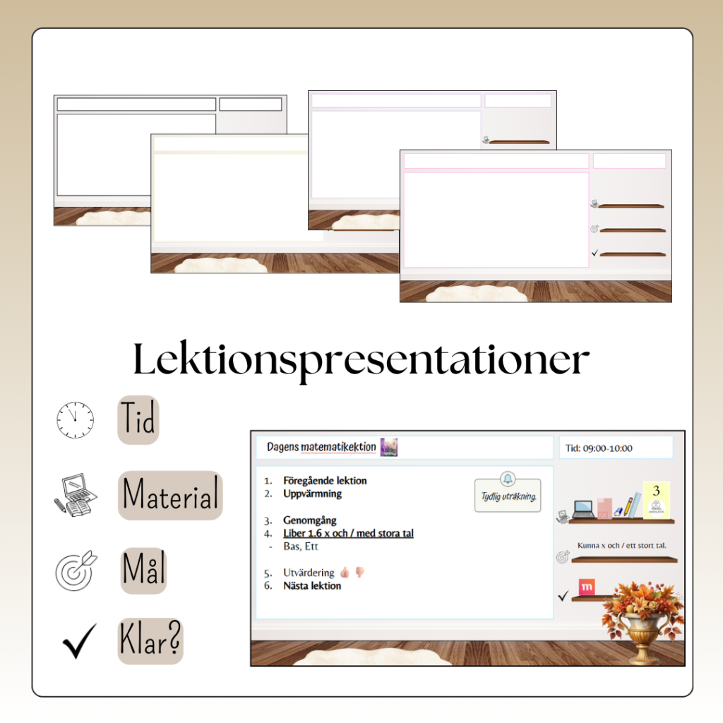 Digitala lektionspresentationer – Tid, Material, Lektionsmål, Klar? (7 färger)