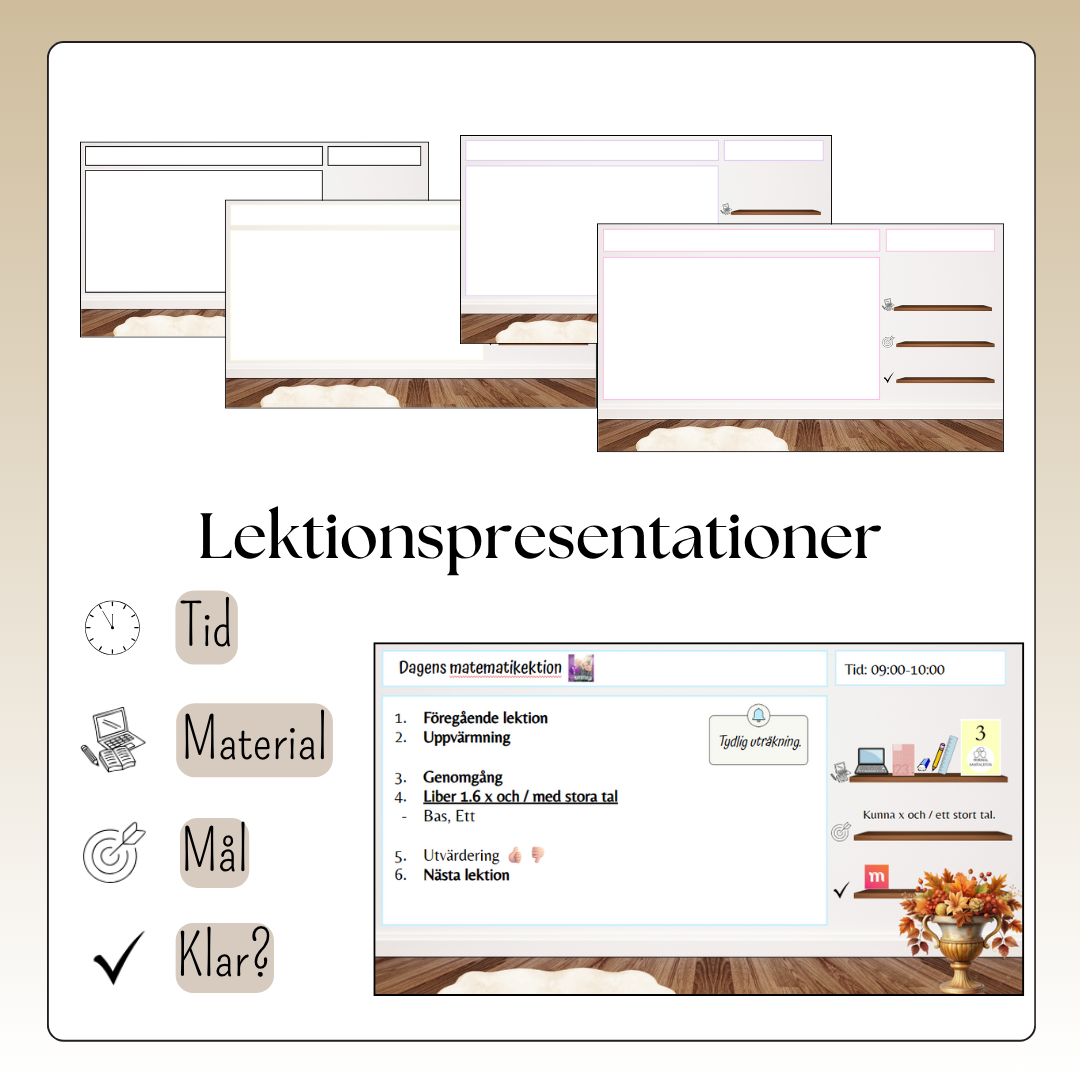 Digitala lektionspresentationer - Tid, Material, Lektionsmål, Klar? (7 färger)
