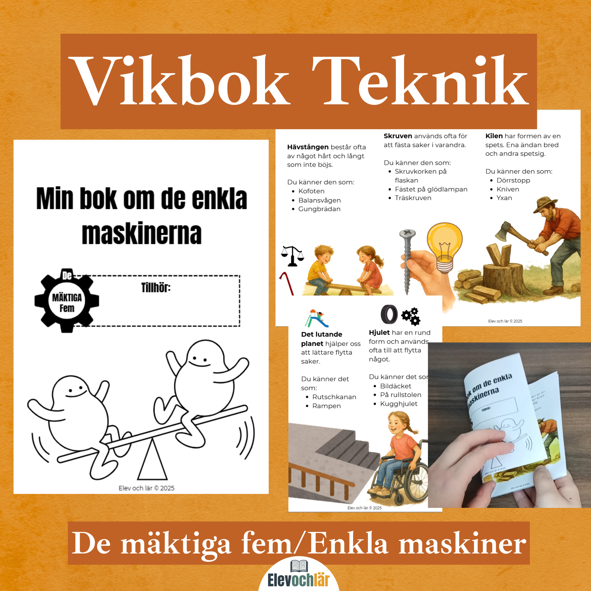 Vikbok De mäktiga fem/enkla maskiner. Fakta om kilen, skruven, lutande planet, hjulet och hävstången