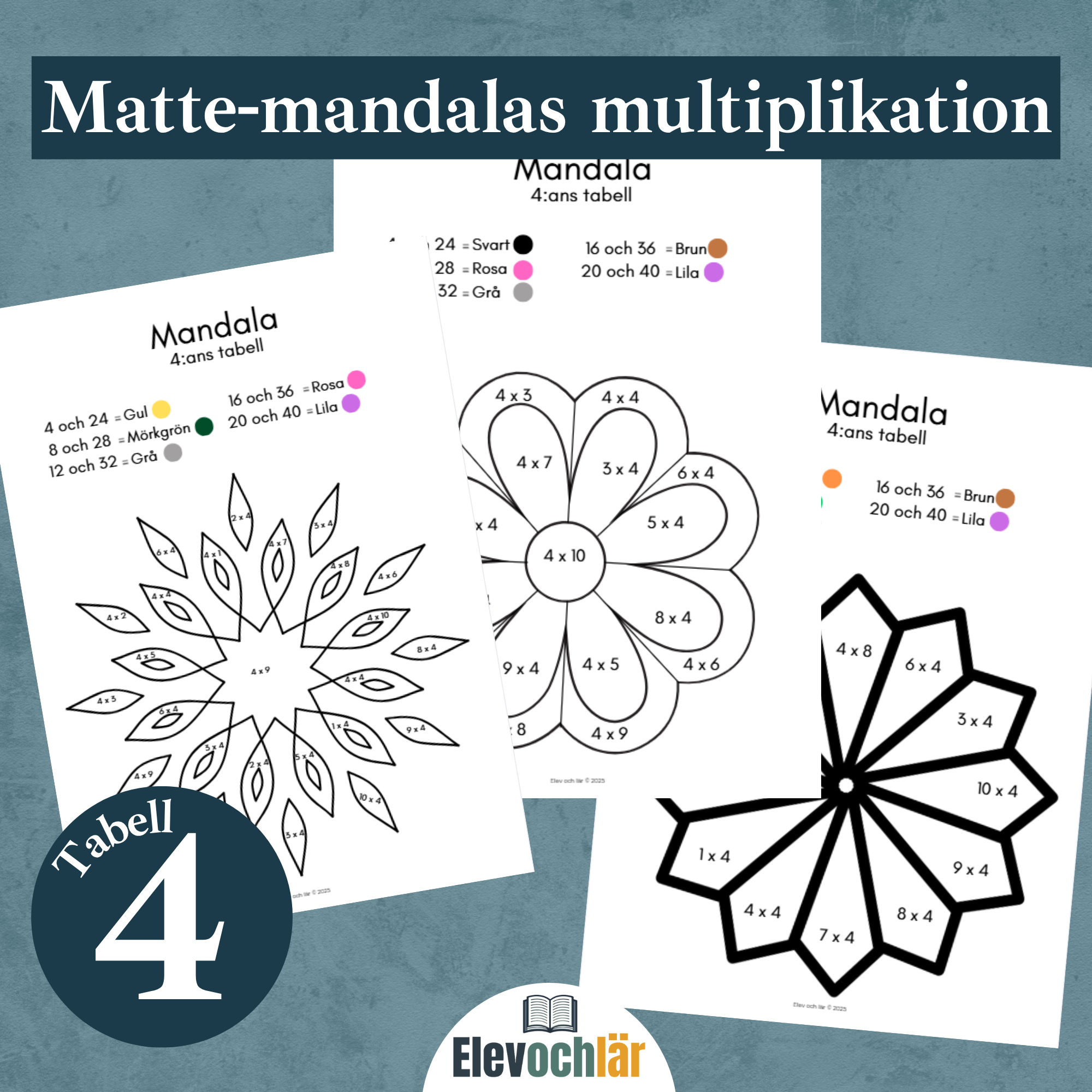 Matte-mandalas multiplikationstabellen 4, arbetsblad