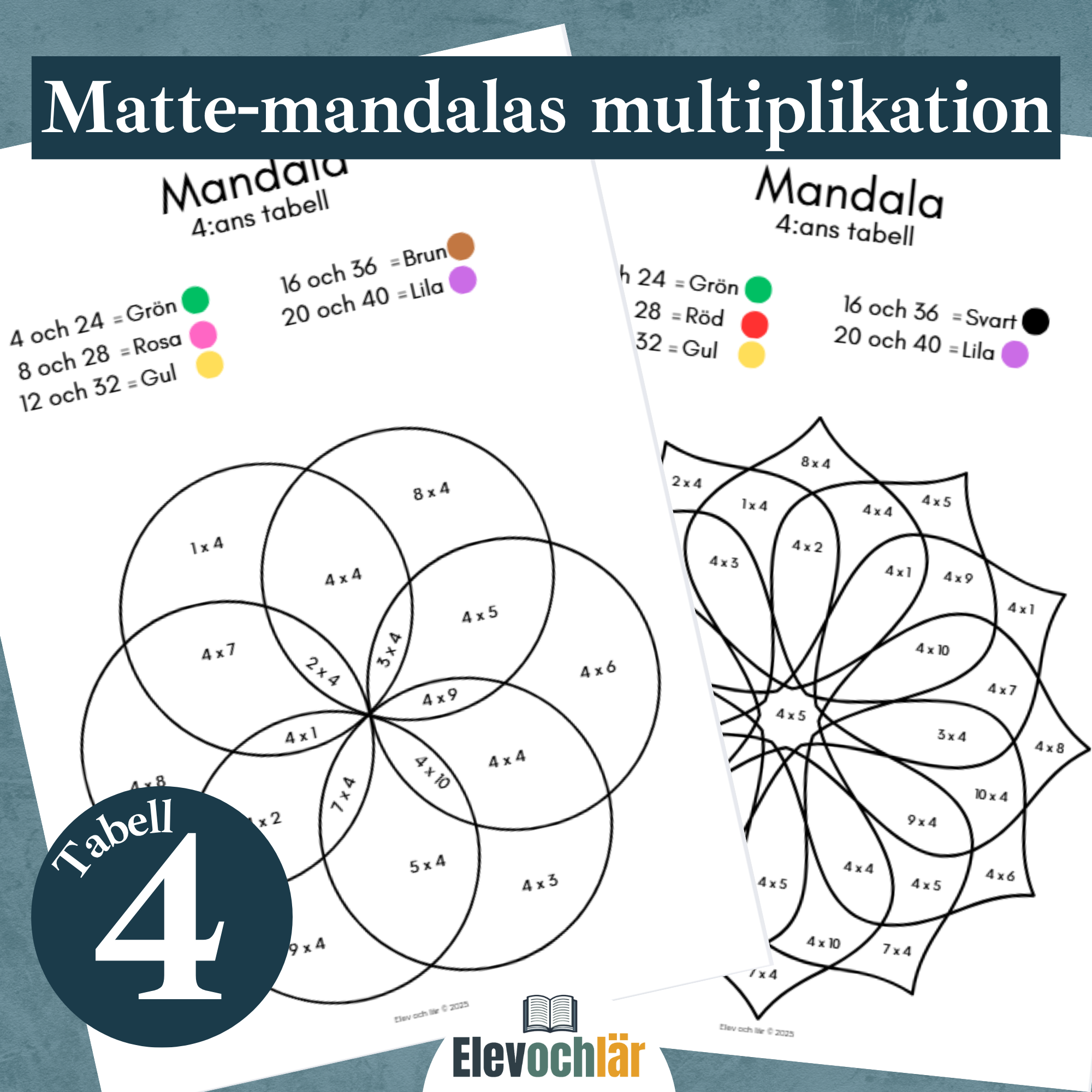 Matte-mandalas multiplikationstabellen 4, arbetsblad
