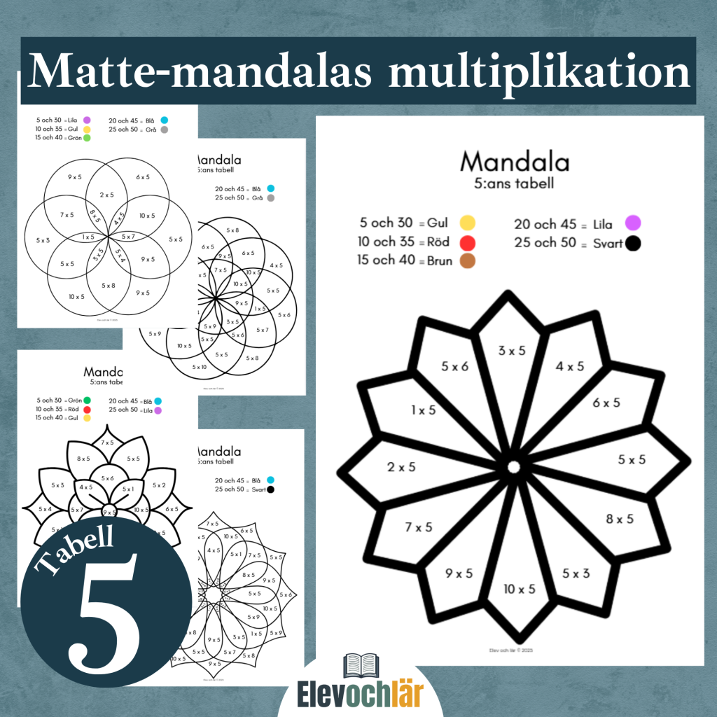 Matte-mandalas multiplikationstabellen 5, arbetsblad