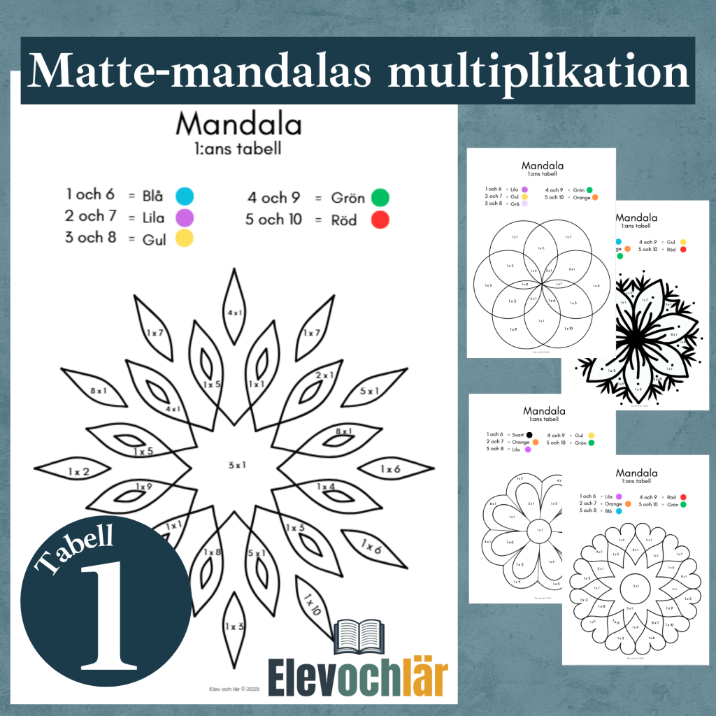 Matte-mandalas multiplikationstabellen 1, arbetsblad (5st)