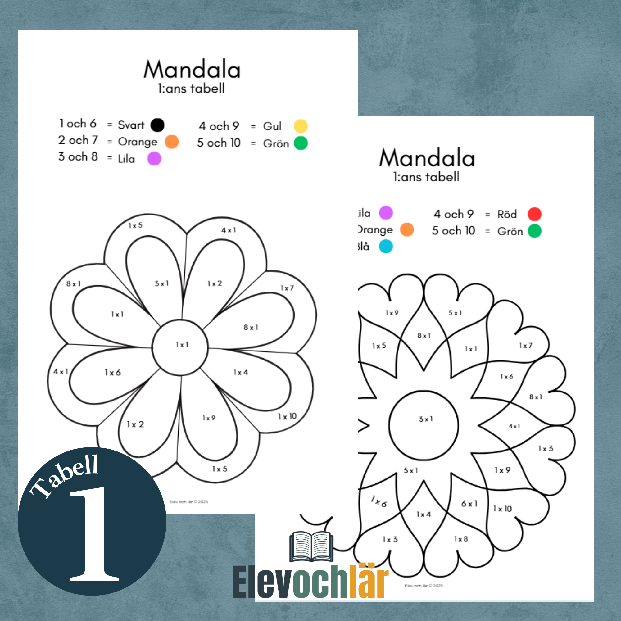 Matte-mandalas multiplikationstabellen 1, arbetsblad (5st)