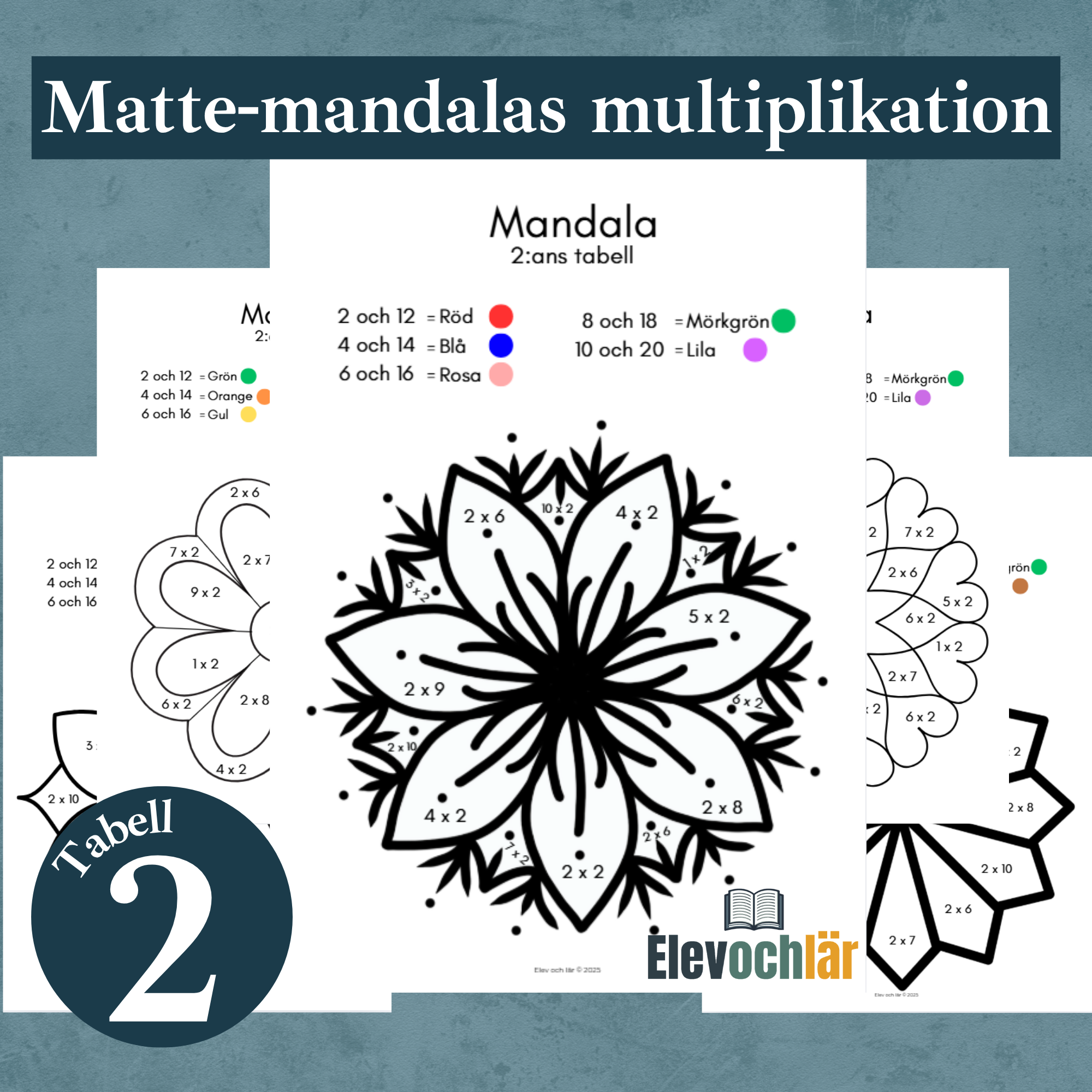 Matte-mandalas multiplikationstabellen 2, arbetsblad