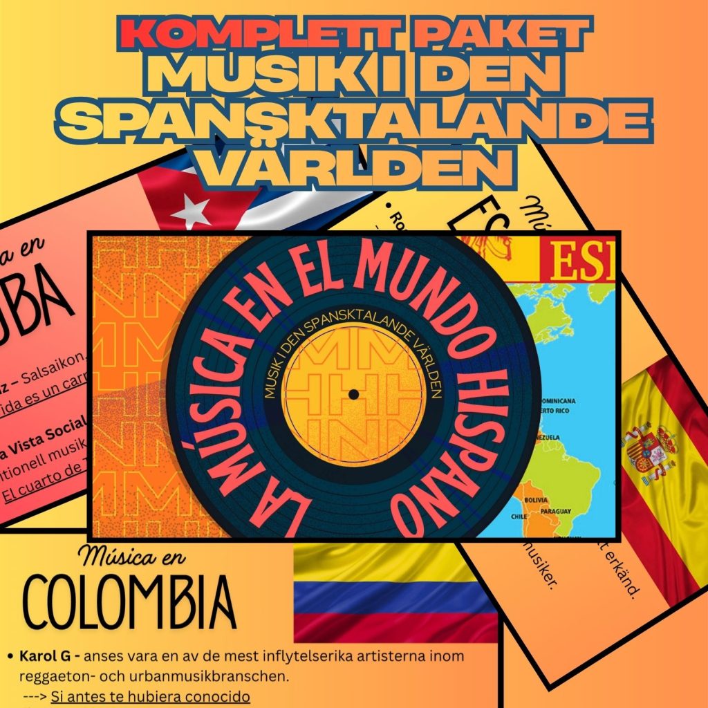 Musik i den spansktalande världen-komplett paket för flera lektioner! Presentation med länkar till musikexempel & dokument med fakta & två elevuppgifter