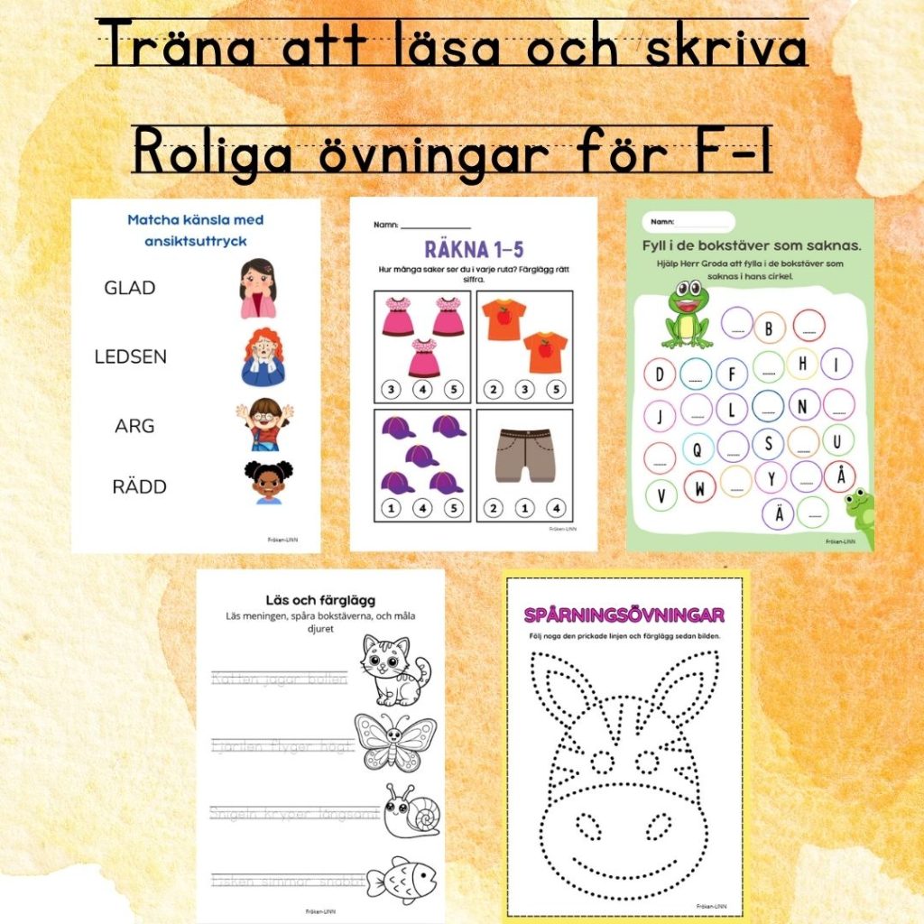 Läsa och skriva F–1 – Läs- och skrivträning med roliga övningar (9 sidor)