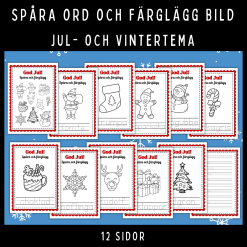 Spåra och färglägg med jul- och vintertema, 12 sidor