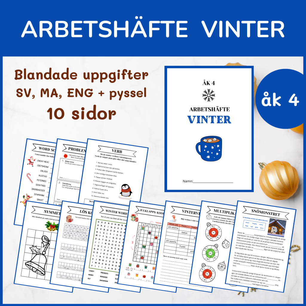 Vinterhäfte åk 4, 10 sidor blandade uppgifter med vinter- och jultema