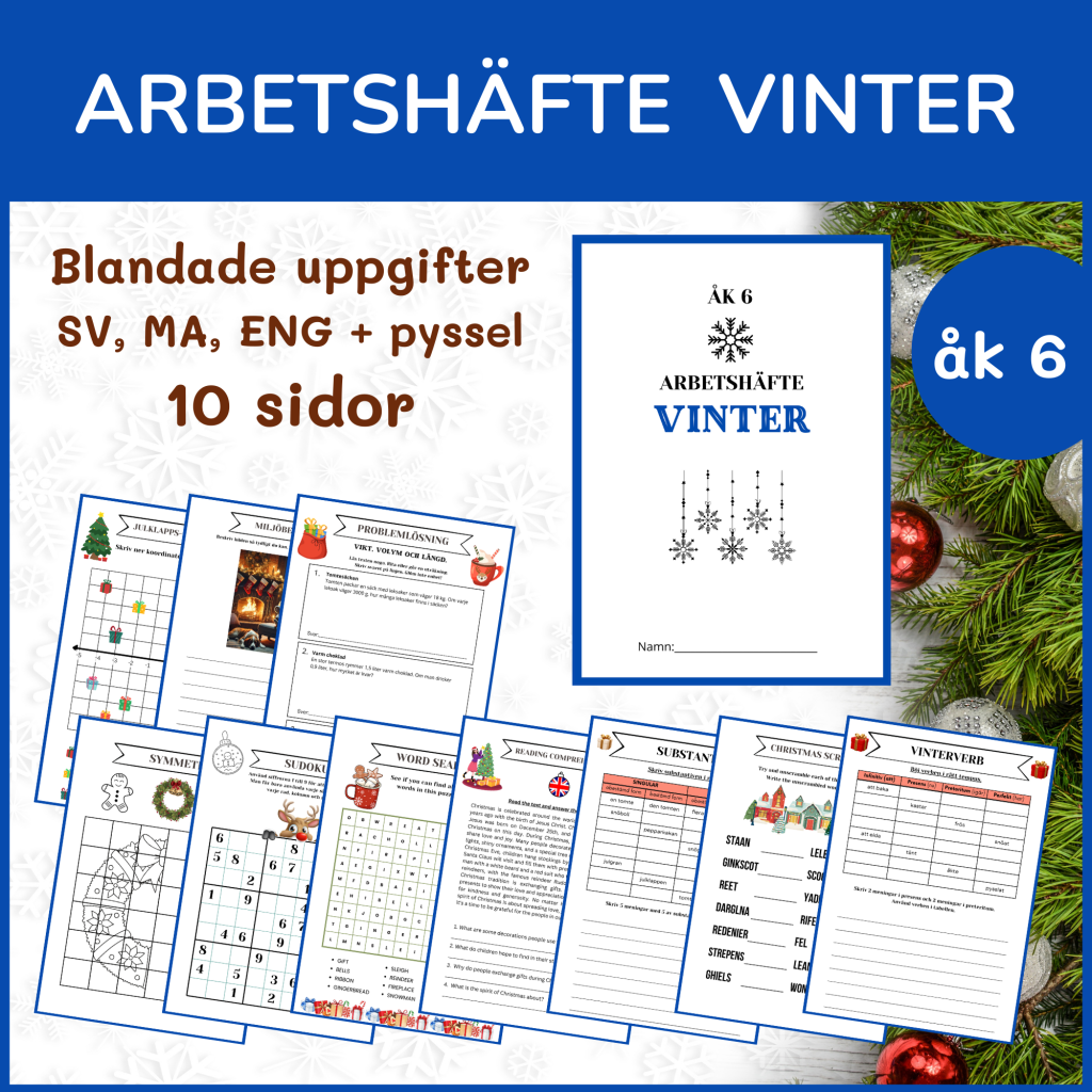 Vinterhäfte åk 6, 10 sidor blandade uppgifter med vinter- och jultema