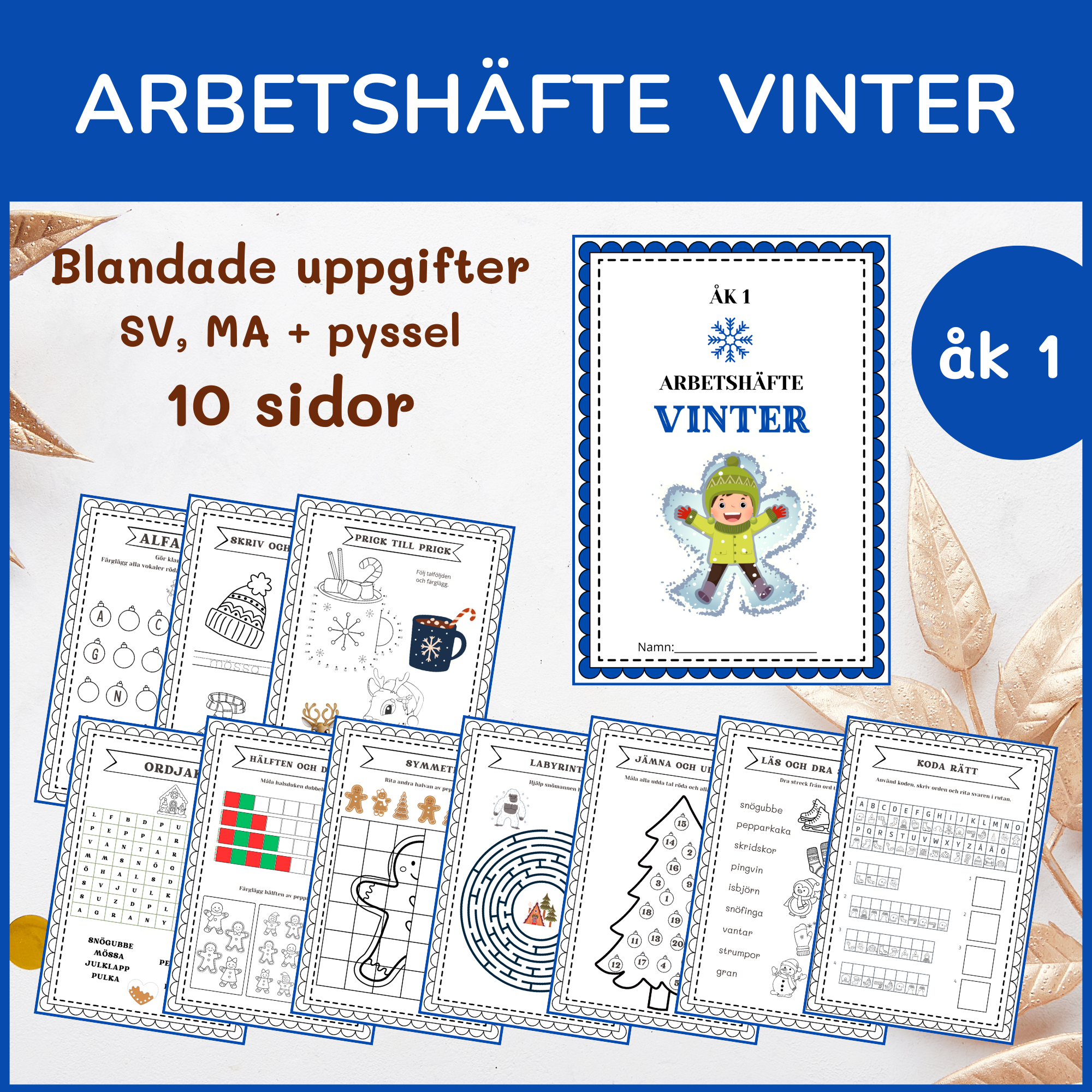 Vinterhäfte åk 1, 10 sidor blandade uppgifter med vinter- och jultema