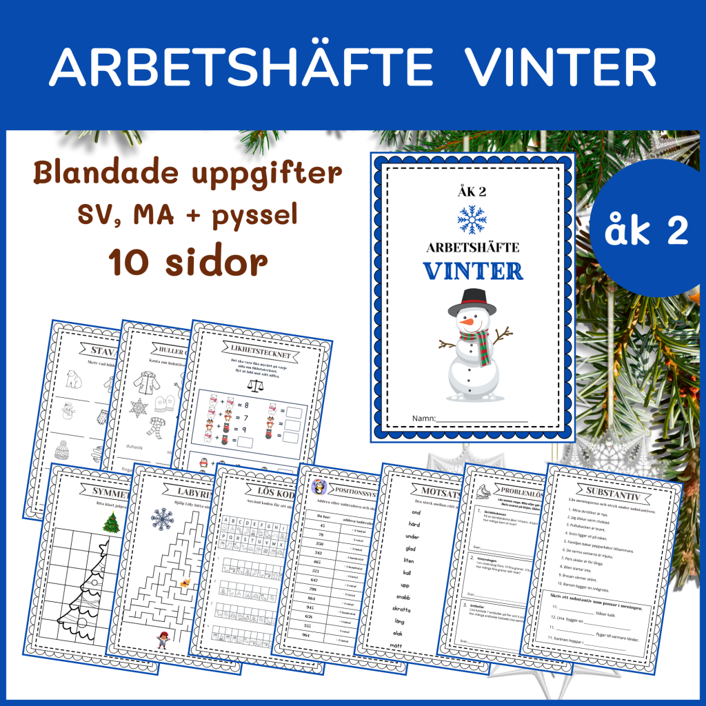 Vinterhäfte åk 2, 10 sidor blandade uppgifter med vinter- och jultema