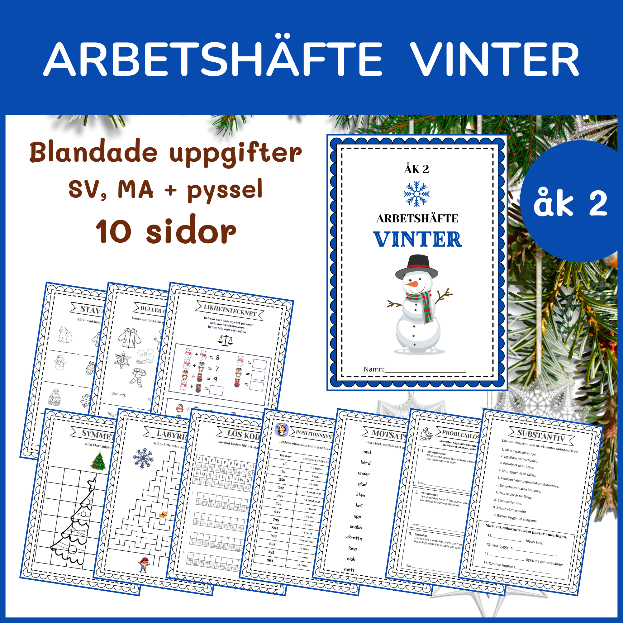 Vinterhäfte åk 2, 10 sidor blandade uppgifter med vinter- och jultema