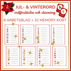 Jul- och vinterord, träna ordförståelse och stavning, 8 arbetsblad + 32 kort