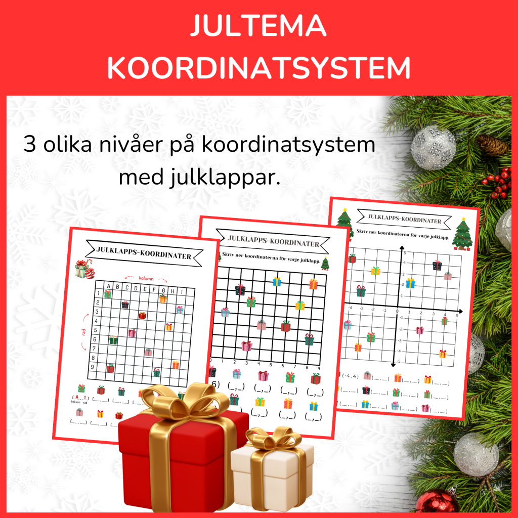 Koordinatsystem med julklappar, 3 nivåer, 3 arbetsblad