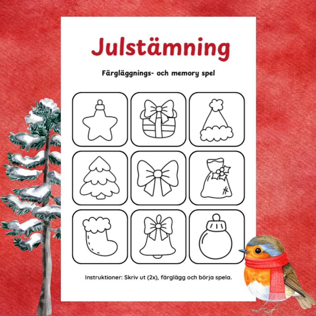 Färgläggnings- och memory spel. Julstämning