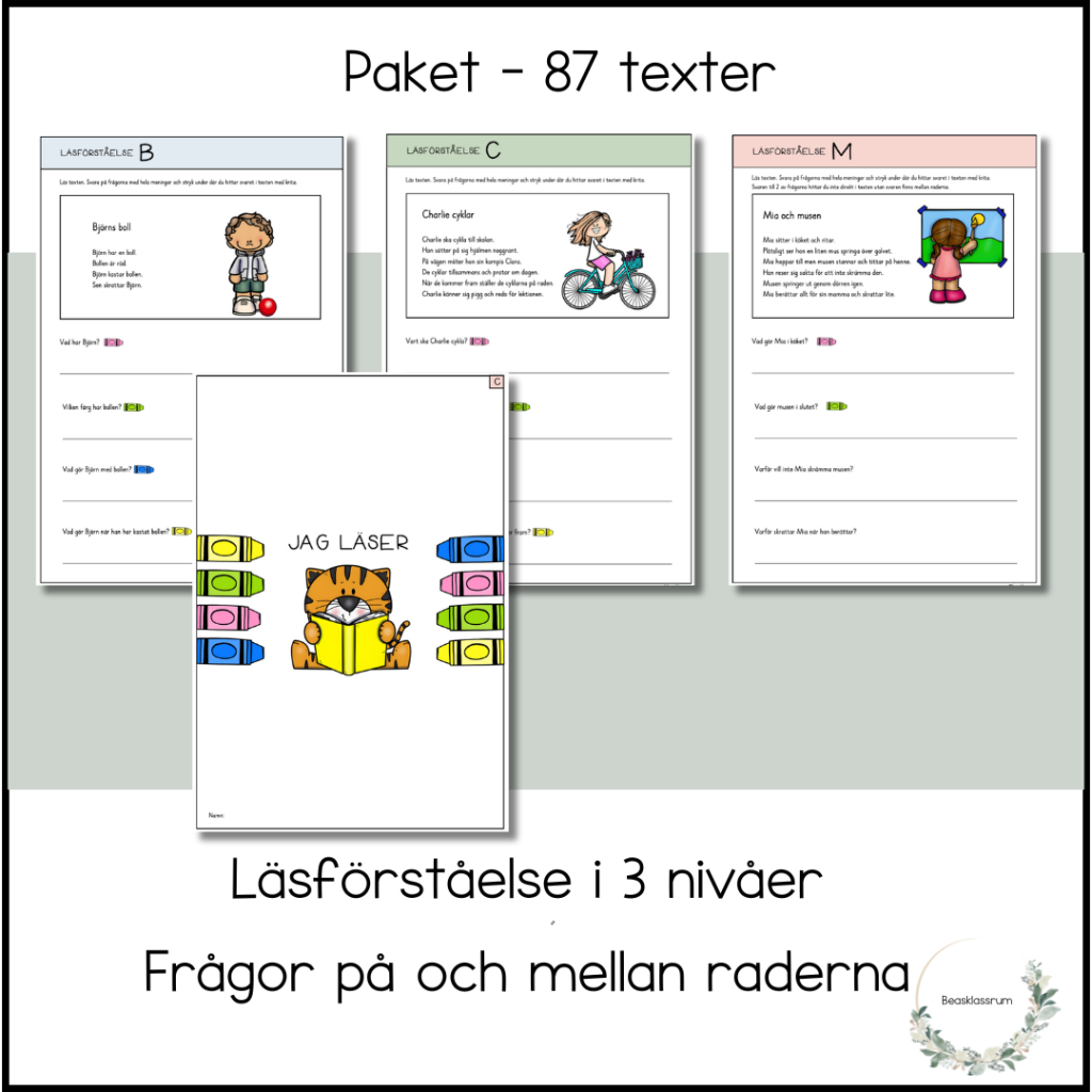 Läsförståelse i 3 nivåer – paket med 87 texter