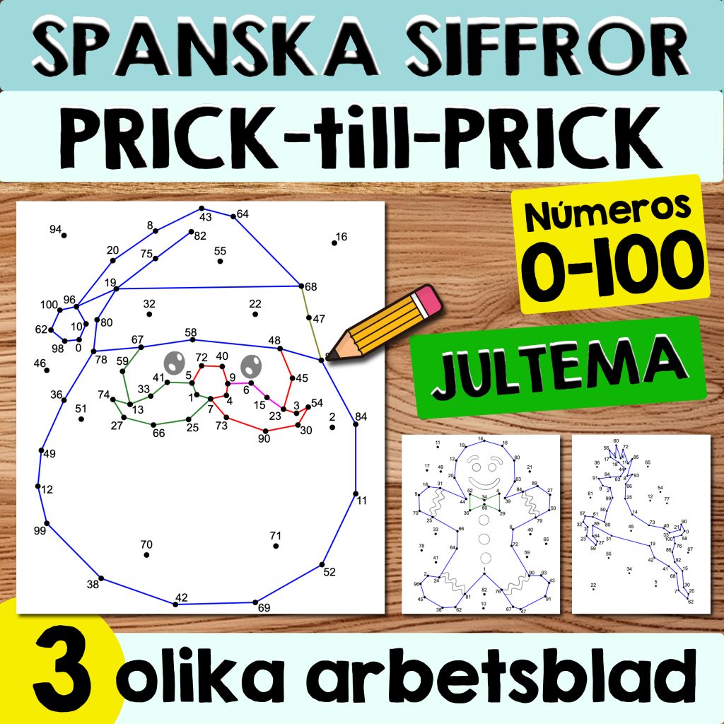 Spanska siffrorna 0-100 Prick-till-prick Övningar (Jultema)