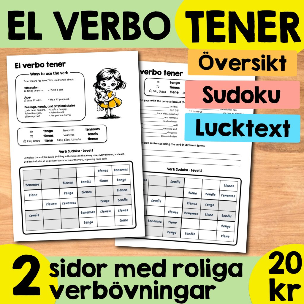 Spanska verbet TENER – Verb-Sudoku, arbetsblad och facit | Klar att använda