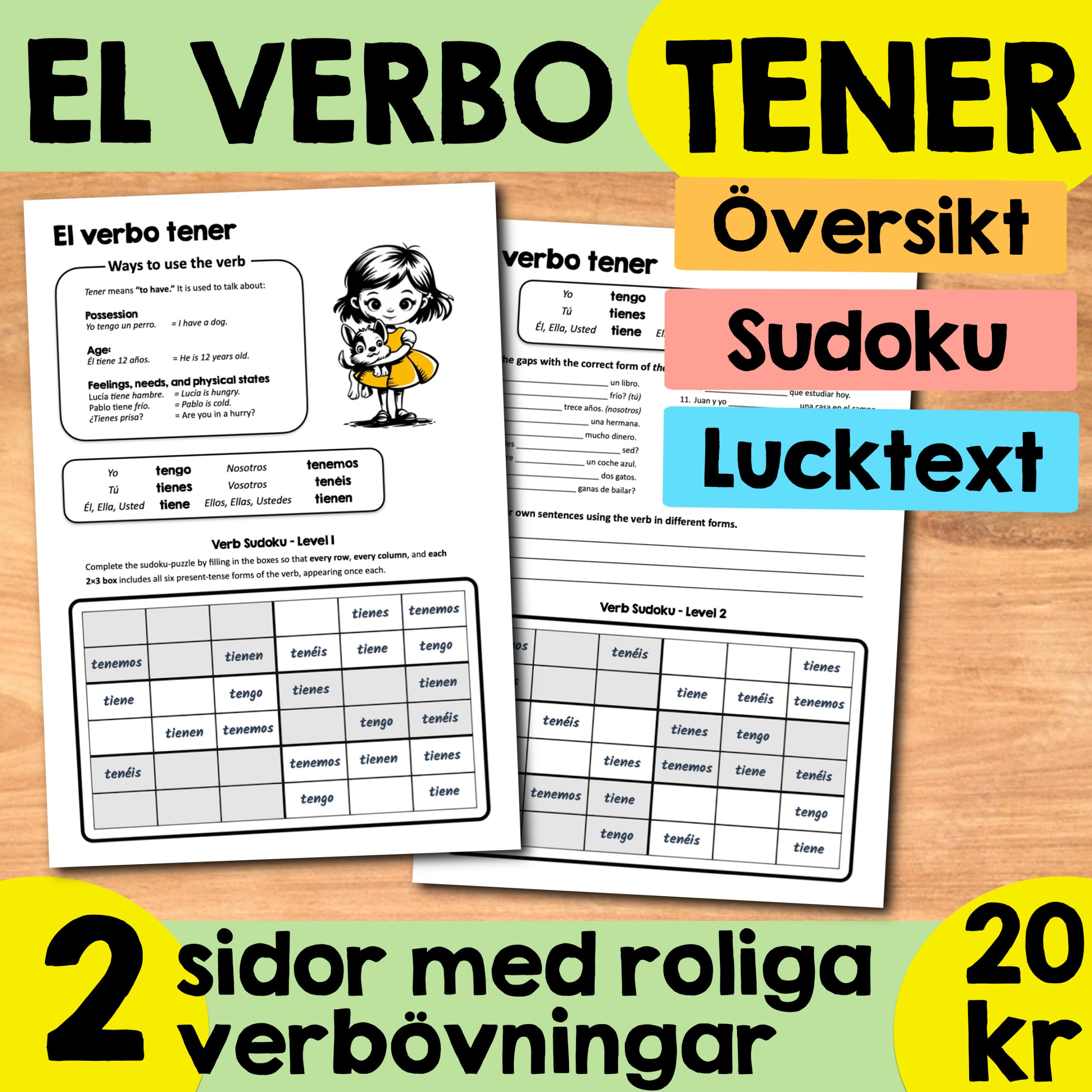 Spanska verbet TENER – Verb-Sudoku, arbetsblad och facit | Klar att använda