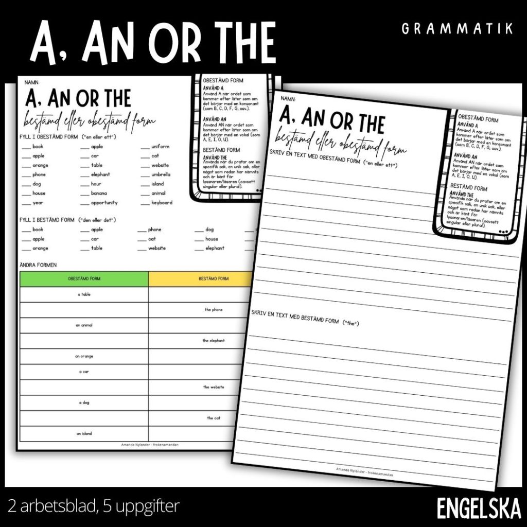 Arbetsblad – a, an or the – engelska grammatik