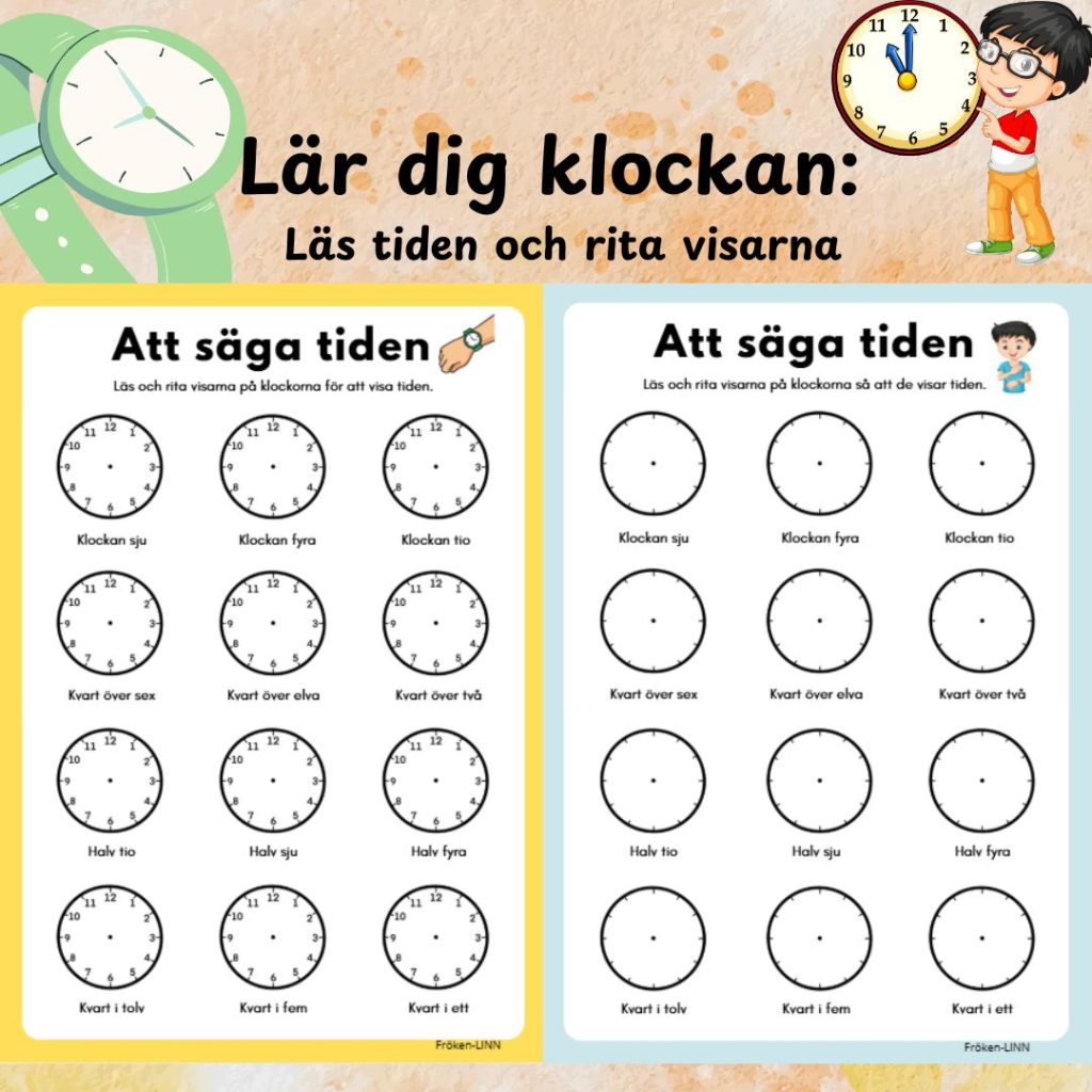 Lär dig klockan: Läs tiden och rita visarna – Övning för barn (2 sidor)