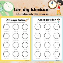 Lär dig klockan: Läs tiden och rita visarna – Övning för barn (2 sidor)