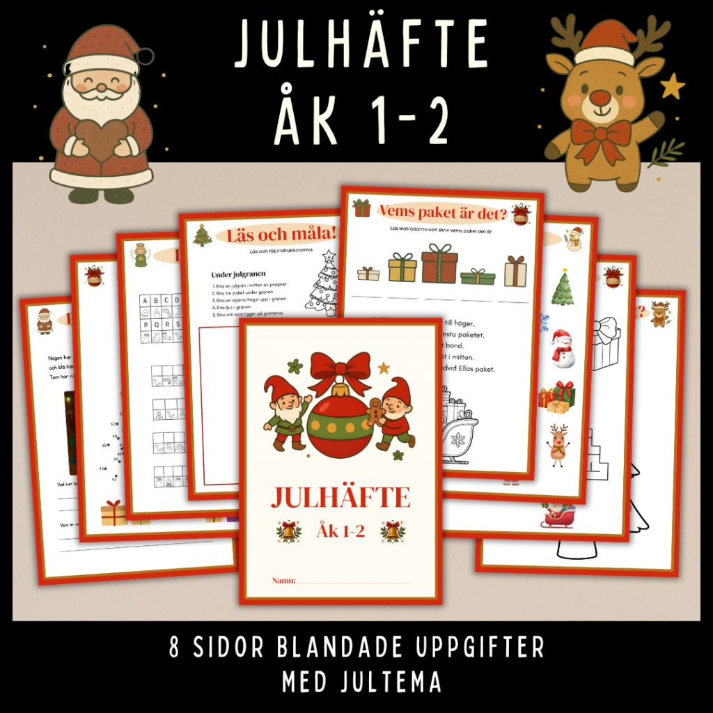 Julhäfte åk 1-2, 8 sidor med blandade uppgifter