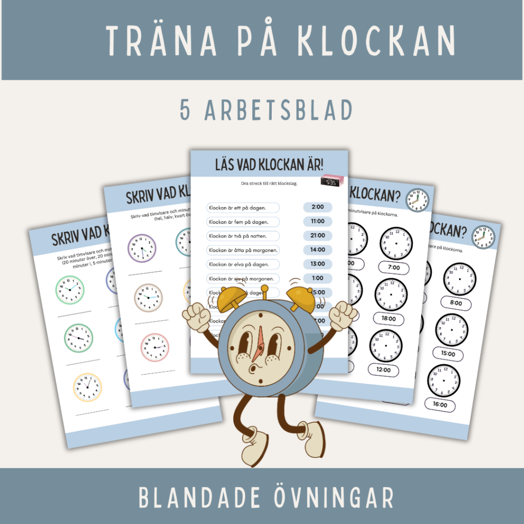 Träna på klockan, 5 arbetsblad