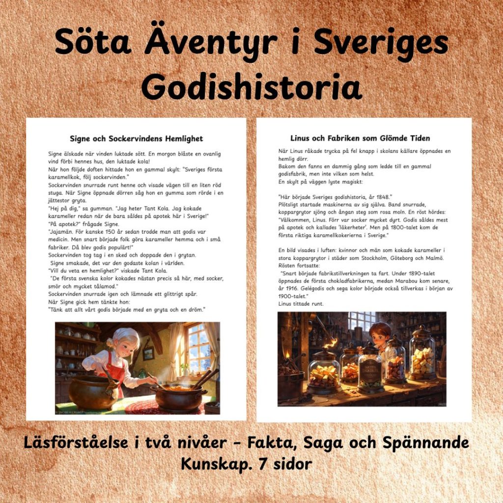 Läsförståelse om Sveriges Godishistoria – Saga och Fakta i två nivåer (åk 1–6)