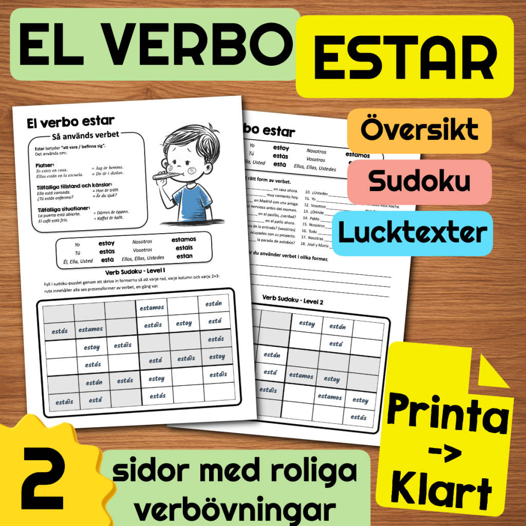 Spanska verbet ESTAR – Verb-Sudoku, arbetsblad och facit