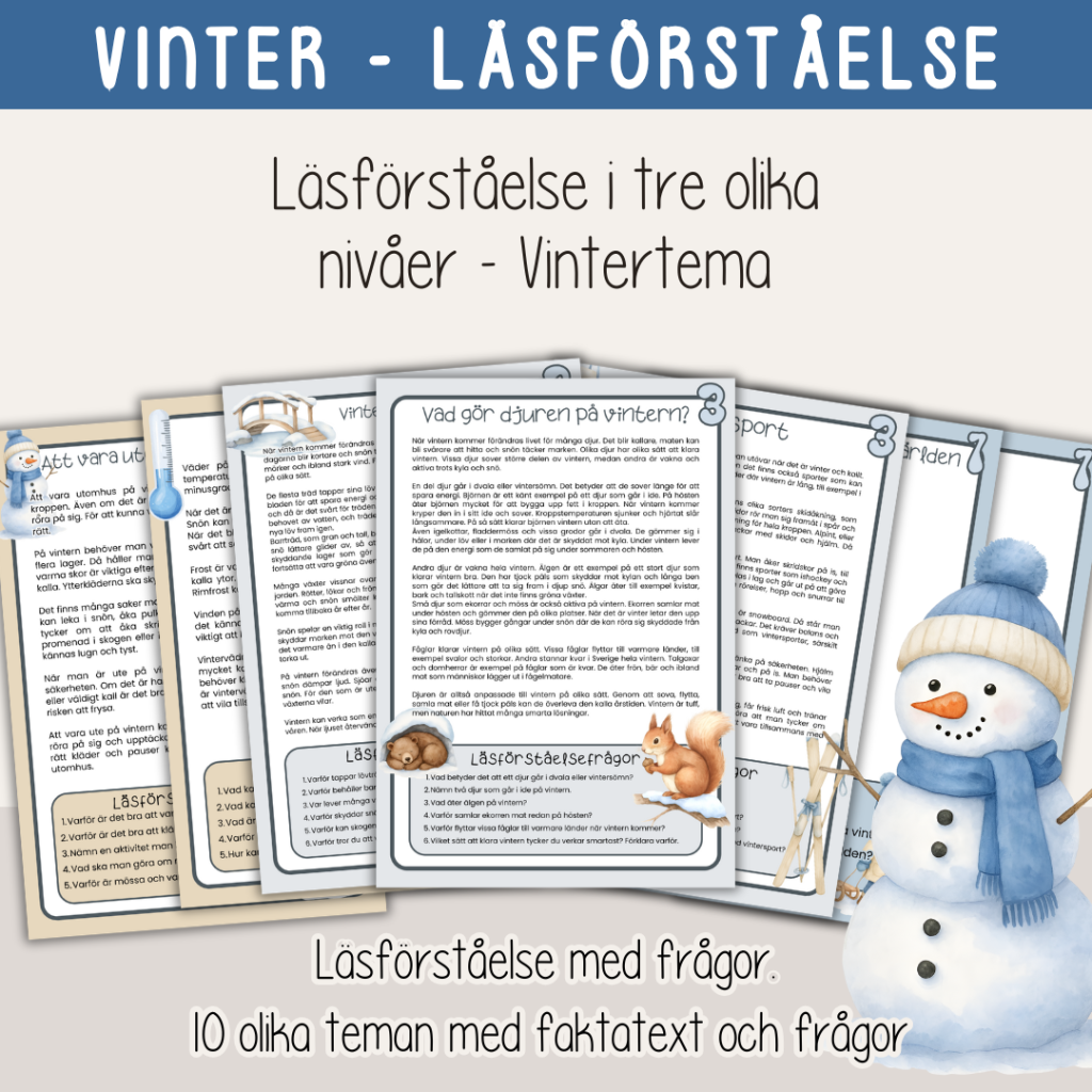 Vinter – Läsförståelse om vintern i tre olika nivåer – 10 olika vinterteman